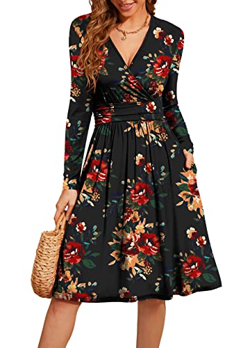 Actcat V-Ausschnitt Pullover Kleid Langarm Casual Kleider Herbst Kleid Floral Party Kleid mit Taschen herbstkleid damen winterkleider damen festliche kleider für damen weihnachtskleid Braun FloACr XXL von Actcat