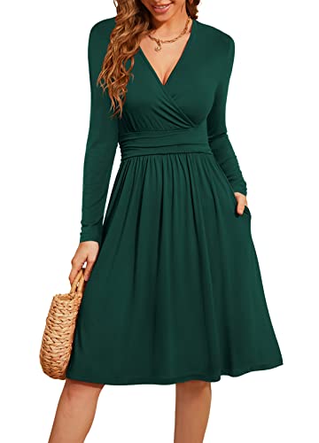 Actcat V-Ausschnitt Pullover Kleid Langarm Casual Kleider Herbst Kleid Floral Party Kleid mit Taschen herbstkleid Damen Winterkleider Damen Festliche Kleider für Damen weihnachtskleid,Dunkelgrün,L von Actcat