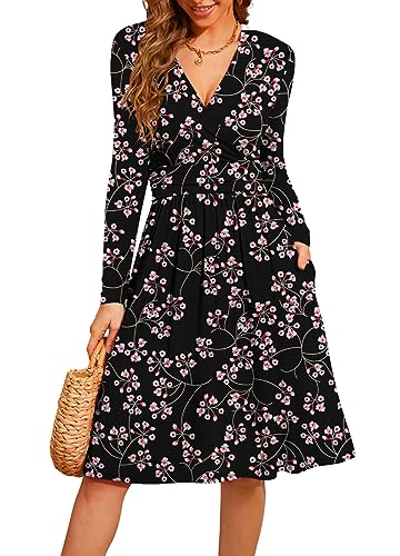 Actcat V-Ausschnitt Pullover Kleid Langarm Casual Kleider Herbst Kleid Floral Party Kleid mit Taschen herbstkleid Damen Winterkleider Damen Festliche Kleider für Damen weihnachtskleid L von Actcat