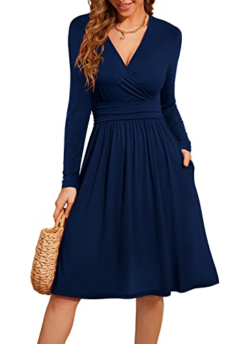 Actcat V-Ausschnitt Pullover Kleid Langarm Casual Kleider Herbst Kleid Floral Party Kleid mit Taschen herbstkleid Damen Winterkleider Damen Festliche Kleider für Damen weihnachtskleid,Marineblau,L von Actcat