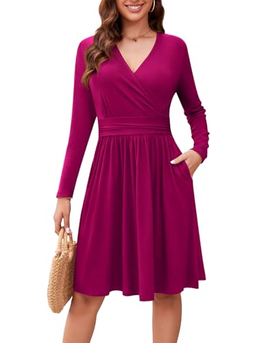 Actcat V-Ausschnitt Pullover Kleid Langarm Casual Kleider Herbst Kleid mit Taschen Herbstkleid Winterkleider Damen Festliche Kleider für Damen Weihnachtskleid Mauve L von Actcat