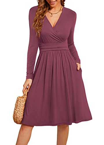 Actcat V-Ausschnitt Pullover Kleid Langarm Casual Kleider Herbst Kleid Floral Party Kleid mit Taschen herbstkleid Damen Winterkleider Damen Festliche Kleider für Damen weihnachtskleid,Mauve, L von Actcat