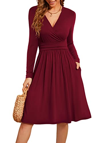 Actcat V-Ausschnitt Pullover Kleid Langarm Casual Kleider Herbst Kleid Floral Party Kleid mit Taschen herbstkleid Damen Winterkleider Damen Festliche Kleider für Damen weihnachtskleid,Rotwein,XL von Actcat