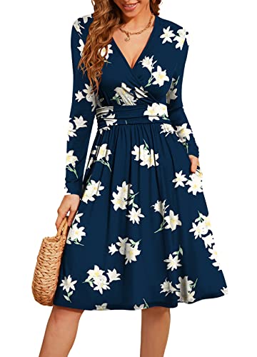 Actcat V-Ausschnitt Pullover Kleid Langarm Casual Kleider Herbst Kleid Floral Party Kleid mit Taschen herbstkleid Damen Winterkleider Damen Festliche Kleider für Damen weihnachtskleid YH Navy Lily M von Actcat