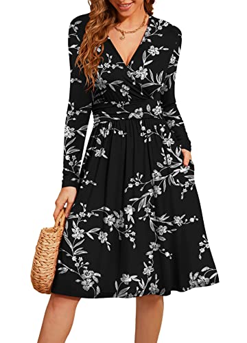 Actcat V-Ausschnitt Pullover Kleid Langarm Casual Kleider Herbst Kleid Floral Party Kleid mit Taschen herbstkleid Damen Winterkleider Damen Festliche Kleider für Damen weihnachtskleid L von Actcat