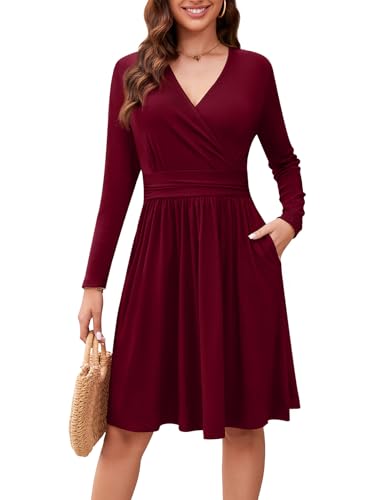 Actcat V-Ausschnitt Pullover Kleid Langarm Casual Kleider Herbst Kleid Floral Party mit Taschen herbstkleid Damen Winterkleider Festliche Kleider für Damen Weihnachtskleid Wine Red,S von Actcat