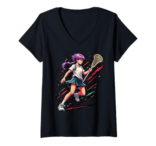 Damen Lacrosse Mädchen Running Graphic Sportliches Design T-Shirt mit V-Ausschnitt von Active Lacrosse Girl Design for Sports Lovers