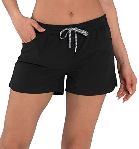 Actleis Damen-Badeshorts, LSF 50+, Boardshorts, schnelltrocknend, Strand-Shorts, Kordelzug, Sport, Sommerunterteil, Schwarz, Large von Actleis