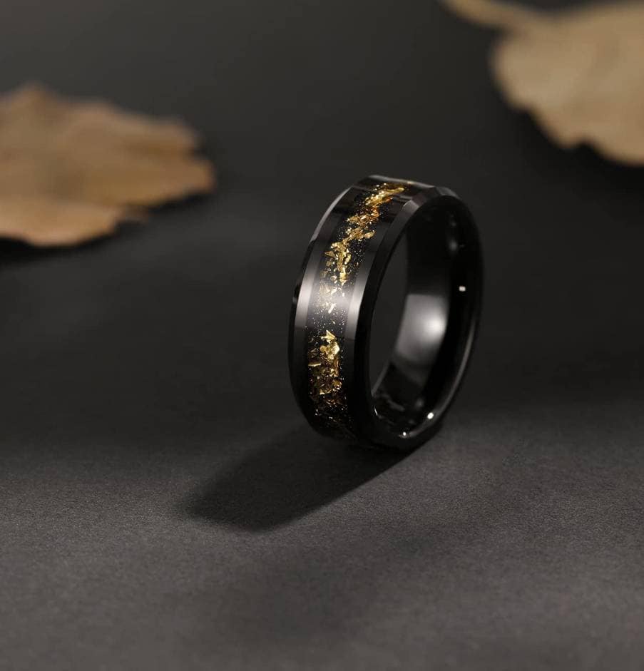 Herren Und Frauen Goldfolie Schwarz Sand 8mm Wolfram Hochzeit Verlobung Oder Versprechen Band Ring, Freie Gravur, Individuelle Einzigartige Ringe von AcuityRingDesigns