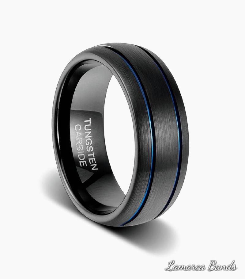 Schwarzer Wolfram Trauring Blauer Nutring, Comfort Fit, 8 Mm von AcuityRingDesigns
