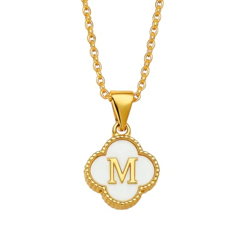 Acura-Styles Damen Kette Kleeblatt Gold Edelstahl 18 Kt. Vergoldet Buchstaben Kette M Wasserfest Nickelfrei Halskette Perlmutt Vierblättriges Kleeblatt Schmuck Geschenk Damen von Acura-Styles