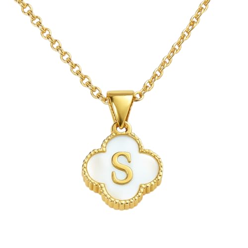Acura-Styles Damen Vierblättriges Kleeblatt Schmuck Kette Gold Edelstahl 18 Kt. Vergoldet Namenskette Gold Halskette mit Buchstaben S Wasserfest Nickelfrei Perlmutt Anhänger Geschenk für Frauen von Acura-Styles