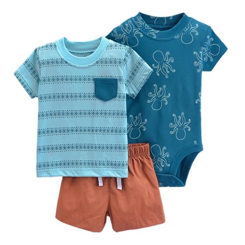 Acuryx Baby Jungen Sommer Kleidung Babykleidung Kurze Ärmel Baumwolle T-Shirt+ Bodysuit + Baby Shorts Neugeborenes Outfit Set 9-12 Monate von Acuryx