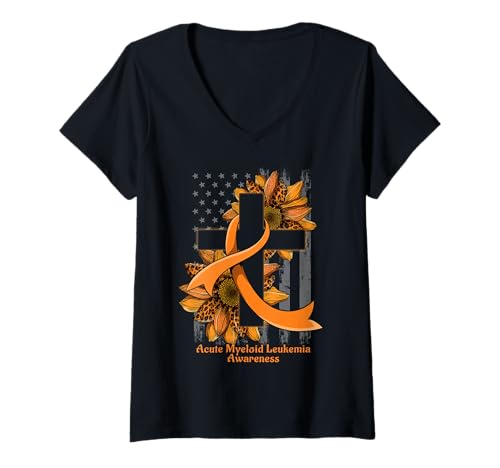 Damen Christliches Sonnenblumenkreuz für akute myeloische Leukämie T-Shirt mit V-Ausschnitt Damen Christliches Sonnenblumenkreuz für akute myeloische Leukämie T-Shirt mit V-Ausschnitt von Acute Myeloid Leukemia Awareness DNG