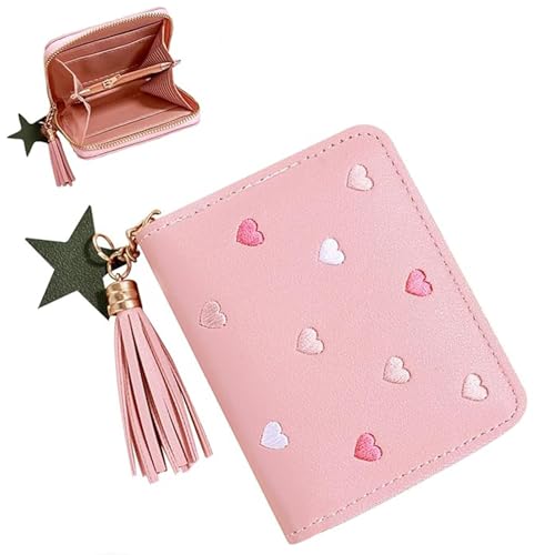 Aczyqws Mädchen-Geldbörse, niedlich, schmal, kurz, kleine Kindergeldbörse mit Stickerei-Herzen, PU-Leder, Damengeldbörse mit Quasten-Reißverschluss für Teenager, Mädchen, Frauen (Rosa), rose von Aczyqws