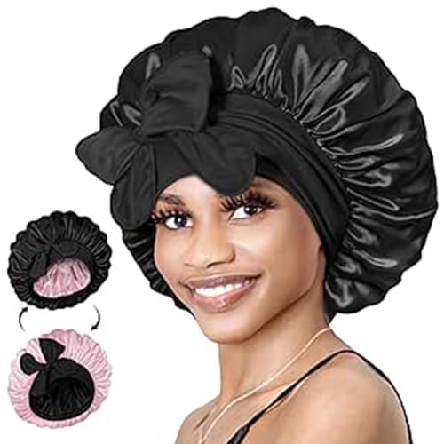 Wendbare Satin-Haube zum Schlafen, verstellbare Seidenhaarkappe für Frauen, Nacht-Kopfwickel für lockige, lange Zöpfe, Tresse-Perücken, schwarz + rosa Wendbare Satin-Haube zum Schlafen, verstellbare Seidenhaarkappe für Frauen, Nacht-Kopfwickel für lockige, lange Zöpfe, Tresse-Perücken, schwarz + rosa von Aczyqws