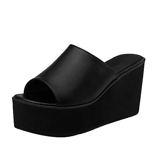 AdEptt Women's High Wedge Heel Platform Open Toe with Chunky high Heels Beach Summer Slippers,Black pu,41 EU von AdEptt