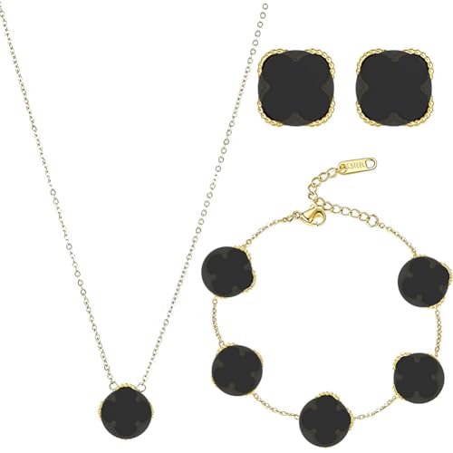 3PCS Vierblättriges Kleeblatt Schmuckset für Damen und Mädchen 18K Roségold Plattiert Edelstahl Zweiseitig Schwarz Weiß Anhänger Halskette Ohrstecker Armband Emaille Schmuck Set (Schwarz) von AdKot