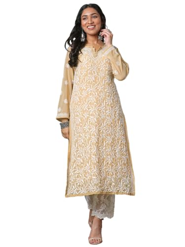 Ada Indian Hand Embroidered Ethnic Chikan Women's Georgette Kurta Kurti with Camisole A90352,4XL, Fawn von Ada