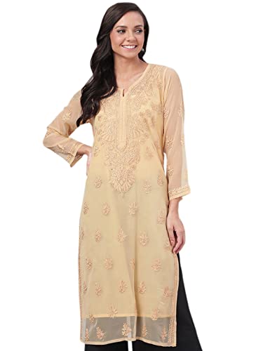 Ada Indian Hand Embroidered Traditional Chikankari Georgette Kurti Kurta with Slip for Women A130702 (M, Fawn) von Ada