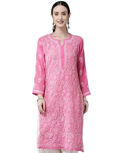 Ada Women's Hand Embroidered Traditional Indian Chikankari Georgette Dark Pink Kurta/Kurti A411221 (4XL) von Ada