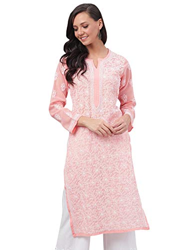 Ada Women's Hand Embroidered Traditional Indian Chikankari Georgette Peach Kurta/Kurti A95561 (2XL) von Ada