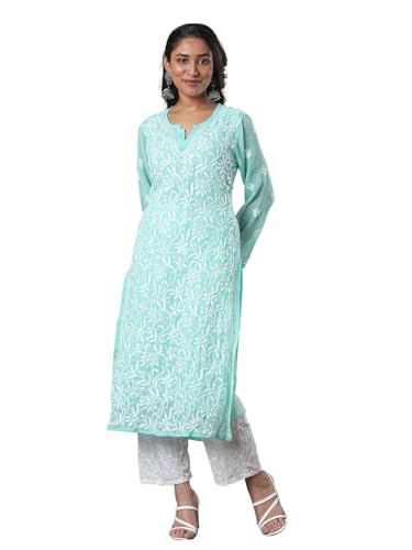 Ada Women's Hand Embroidered Traditional Indian Chikankari Georgette Sea Green Kurta/Kurti with Slip A184712 (4XL) von Ada