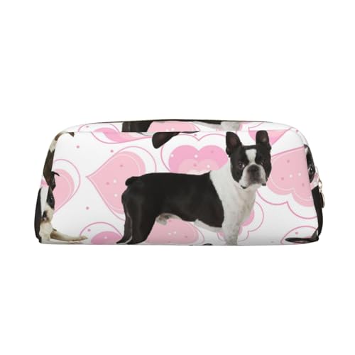 AdaNti Boston Terrier Red Heart Dog Print Pencil Bag Waterproof Pen Bag Zipper Pencil Case Leather Pen Box Cosmetic Bag for Office Travel, gold, Einheitsgröße, Taschen-Organizer von AdaNti