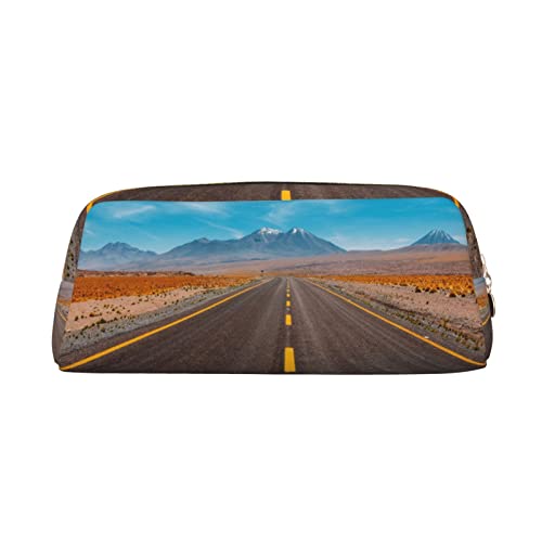 AdaNti Desert Landscape Highway Print Pencil Bag Waterproof Pen Bag Zipper Pencil Case Leather Pen Box Cosmetic Bag for Office Travel, gold, Einheitsgröße, Taschen-Organizer von AdaNti