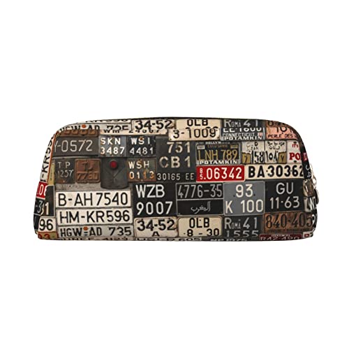 AdaNti Old License Plate Print Pencil Bag Waterproof Pen Bag Zipper Pencil Case Leather Pen Box Cosmetic Bag for Office Travel, gold, Einheitsgröße, Taschen-Organizer von AdaNti