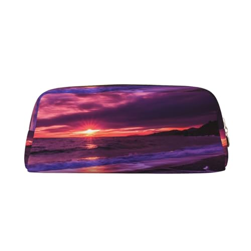 AdaNti Pink Beach Sunset Print Pencil Bag Waterproof Pen Bag Zipper Pencil Case Leather Pen Box Cosmetic Bag for Office Travel, gold, Einheitsgröße, Taschen-Organizer von AdaNti