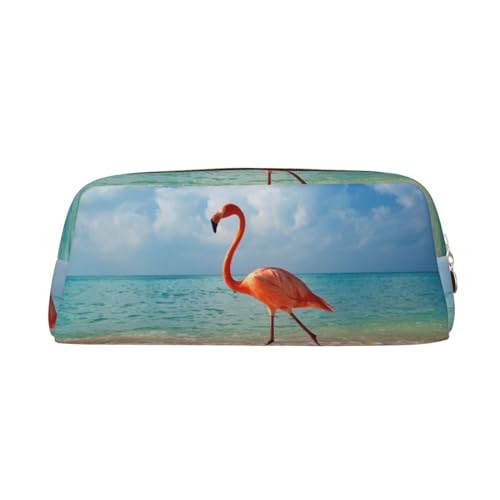 AdaNti Pink Flamingo Walking on The Beach Print Pencil Bag Waterproof Pen Bag Zipper Pencil Case Leather Pen Box Cosmetic Bag for Office Travel, gold, Einheitsgröße, Taschen-Organizer von AdaNti