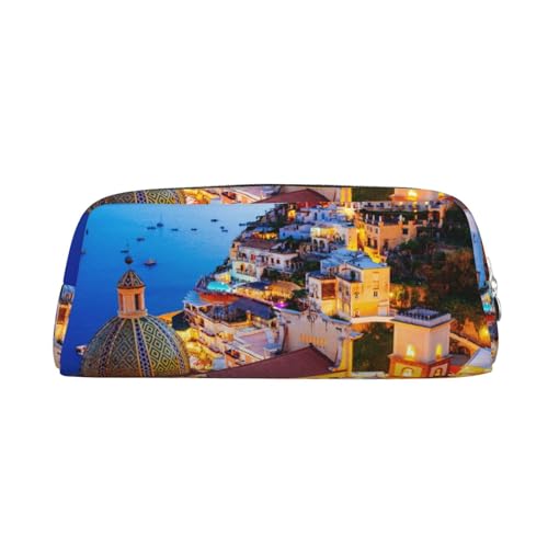 AdaNti Positano Federmäppchen mit Sonnenuntergang, wasserdicht, mit Reißverschluss, Stifteetui, Leder, Stiftebox, Kosmetiktasche für Büro, Reisen, silber, Einheitsgröße, Taschen-Organizer von AdaNti