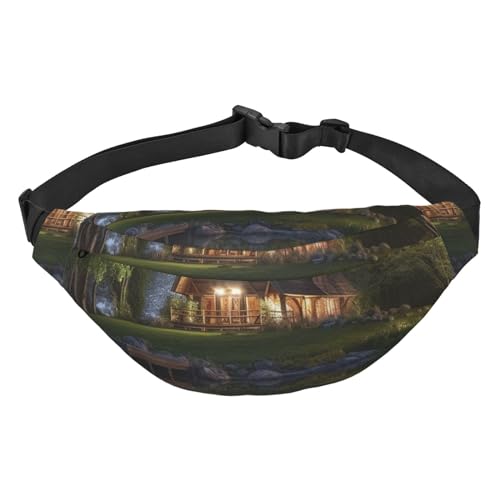 Chalet by the lake Print Fanny Pack For Men Women Adjustable Belt Bag Casual Waist Pack For Travel Hiking Running Cycling, Black, One Size, Schwarz , Einheitsgröße von AdaNti