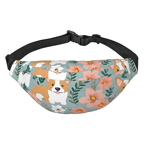 Corgi Bauchtasche mit Blumenmuster, Frühlingsgarten-Druck, für Herren und Damen, verstellbare Gürteltasche, lässige Hüfttasche für Reisen, Wandern, Laufen, Radfahren, Schwarz, Einheitsgröße, Schwarz , von AdaNti