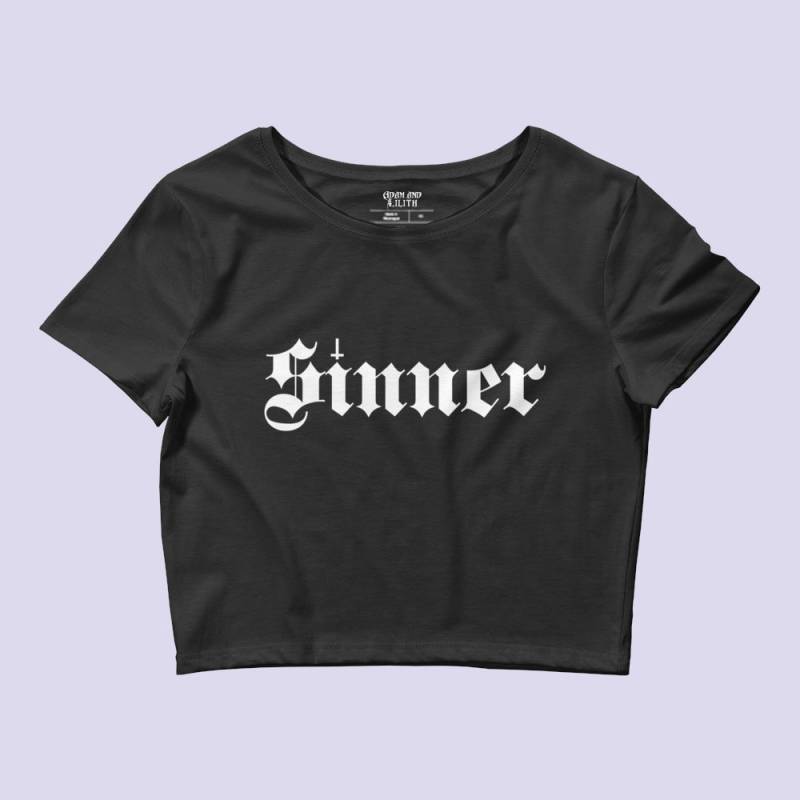 Sinner Schwarzes Crop Top Damen| Goth Top| Umgekehrtes Kreuz| Gothic T-Shirt| Emo Kleidung| Hardcore Punk| Kleidung von AdamAndLilith