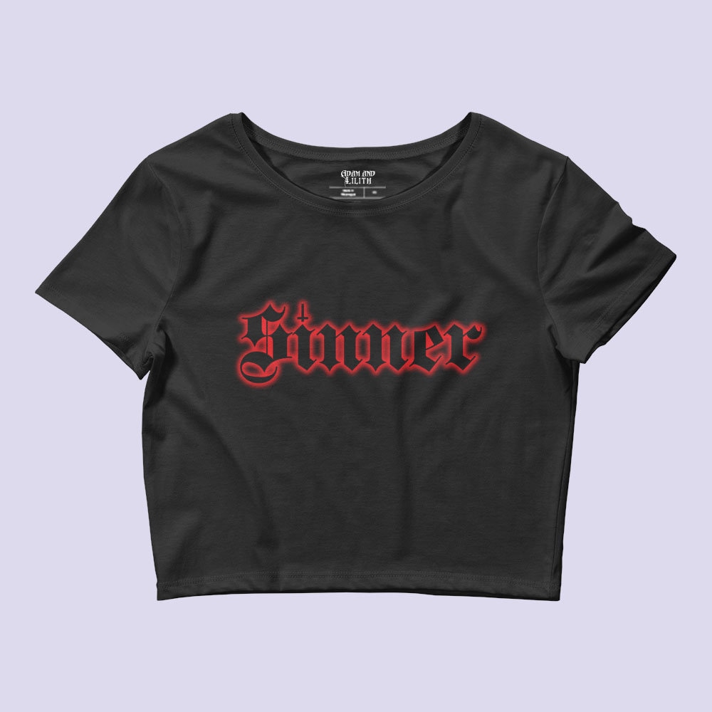 Sinner Schwarzes Crop Top Damen| Goth Top| Umgekehrtes Kreuz| Gothic T-Shirt| Emo Kleidung| Kruste Punk| Kleidung von AdamAndLilith