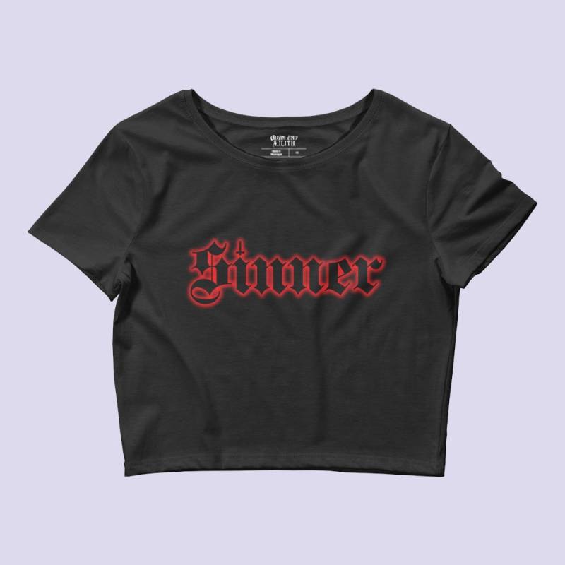 Sinner Schwarzes Crop Top Damen| Goth Top| Umgekehrtes Kreuz| Gothic T-Shirt| Emo Kleidung| Kruste Punk| Kleidung von AdamAndLilith