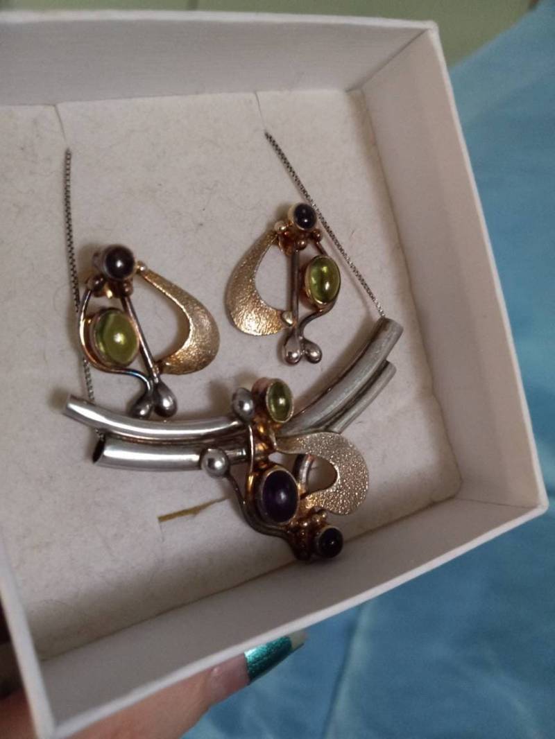 Art Deco Silber Und Gold Halskette Ohrring Mit Peridot Amethyst Besetzt von AdamsVintageFinds