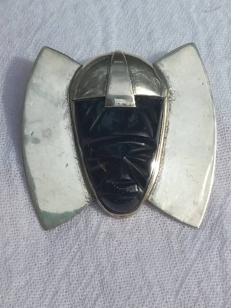 Gesicht Pin Brosche Aus 925Er Silber Und Onyx von AdamsVintageFinds