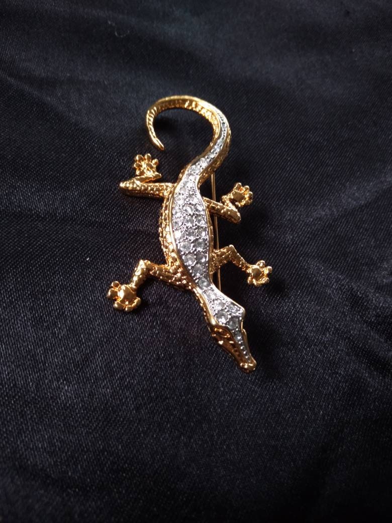 Gold, Silber Und Strass Eidechse Brosche von AdamsVintageFinds