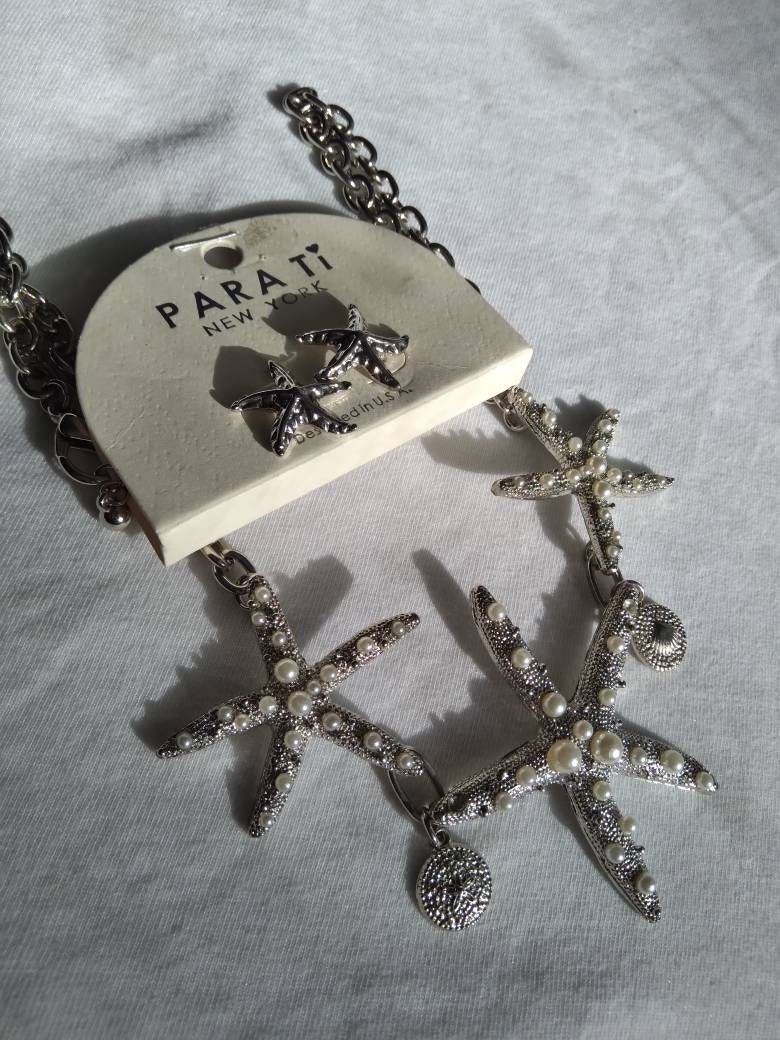 Silber Und Perle Seestern Kette Ohrstecker Set von AdamsVintageFinds