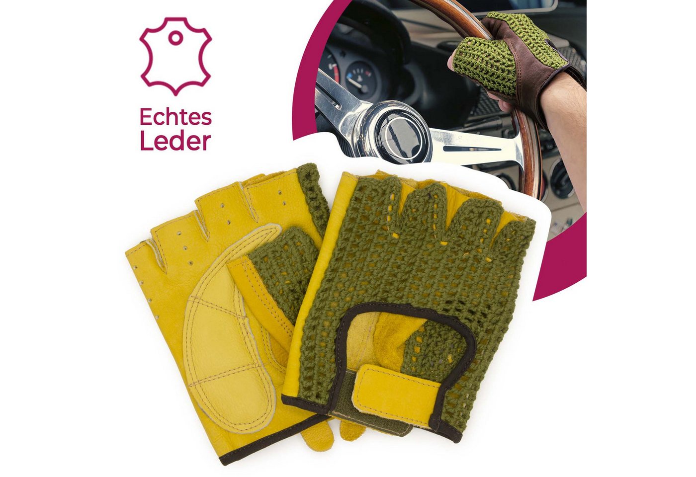 Adapter Universe Lederhandschuhe Autofahrer Handschuhe Leder Fingerlose Fahrerhandschuhe Gelb Grün von Adapter Universe
