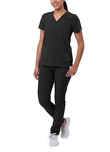 Adar Addition Damen Pflegebekleidung - V-Ausschnitt Top & Skinny Cargo Hose - A9200 - Black - S von Adar Uniforms