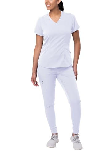 Adar Pro Moderne Scrub Set for Women - Moderne V-Hals Schrubben Top & Yoga Jogger Schrubben Hosen - P9500 - Weiß - XXS von Adar Uniforms
