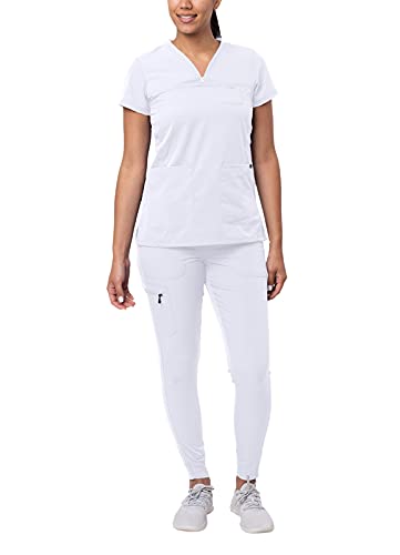 Adar Pro Verstärker Schrubben Set Für Frauen - Süssherz V-Hals Schrubben Top & Yoga Jogger Schrubben Hosen - P9400 - Weiß - 2X von Adar Uniforms