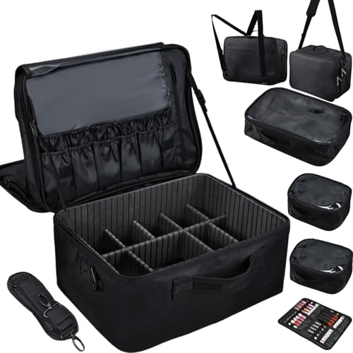 Adazzo Extra großer Make-up-Koffer, 21,6 cm tief, professioneller Kosmetik-Organizer, Pinselhalter mit 3 transparenten Beuteln/Lippenstift-Teller für Make-up-Künstler mit Schultergurt, verstellbaren Adazzo Extra großer Make-up-Koffer, 21,6 cm tief, professioneller Kosmetik-Organizer, Pinselhalter mit 3 transparenten Beuteln/Lippenstift-Teller für Make-up-Künstler mit Schultergurt, verstellbaren von Adazzo