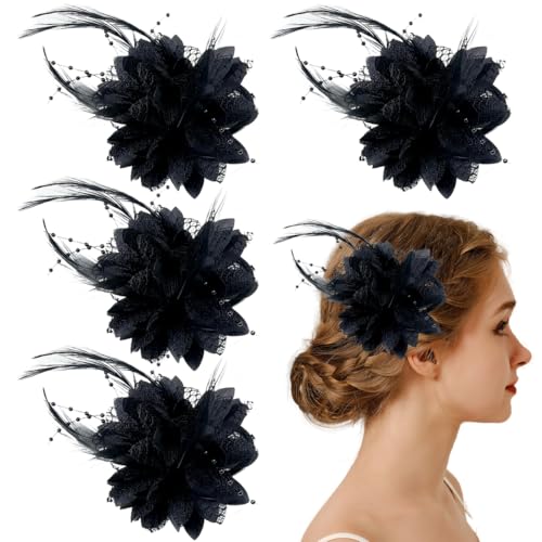 4 Stück Federblumen-Haarspange Rose Blume Haarspange Schwarz Damen Feder Blumen Haarspangen Schwarz Kopfschmuck Elegant Hut Mesh Haarbinden Fascinator Haarschmuck für Frauen Mädchen von AddLotLot