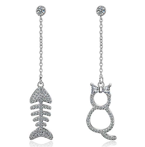 Addfect Damen Katze Ohrstecker Silber 925 Fisch Ohrhänger mit Zirkonia,Süß Frisch Asymmetrie Ohrringe für Frauen Mädchen von Addfect