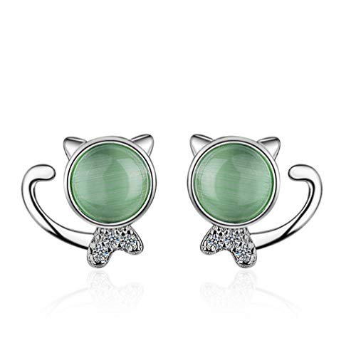 Addfect Damen Mädchen Süß Katze Ohrstecker Ohrringe 925er Silber mit Opal Grün,Einfach Literarisch Ohrringe Geburtstag Geschenk für Frauen von Addfect